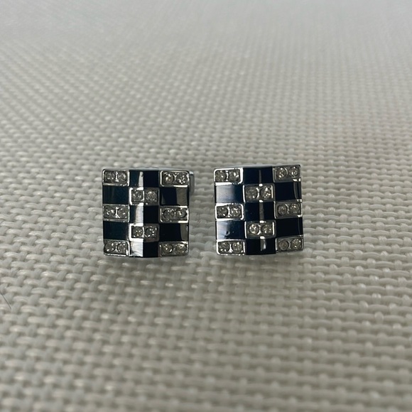 Men's Stainless Steel Cufflinks With Checkerboard Cubic Zirconia Groom Dad EUC - Picture 1 of 6
